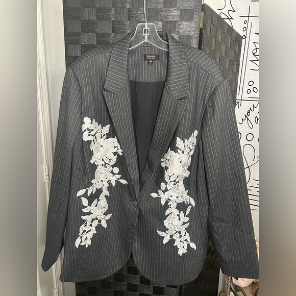 Maree Pour Toi Jackets & Blazers - Gray Pinstripe Blazer with Floral Embroidery